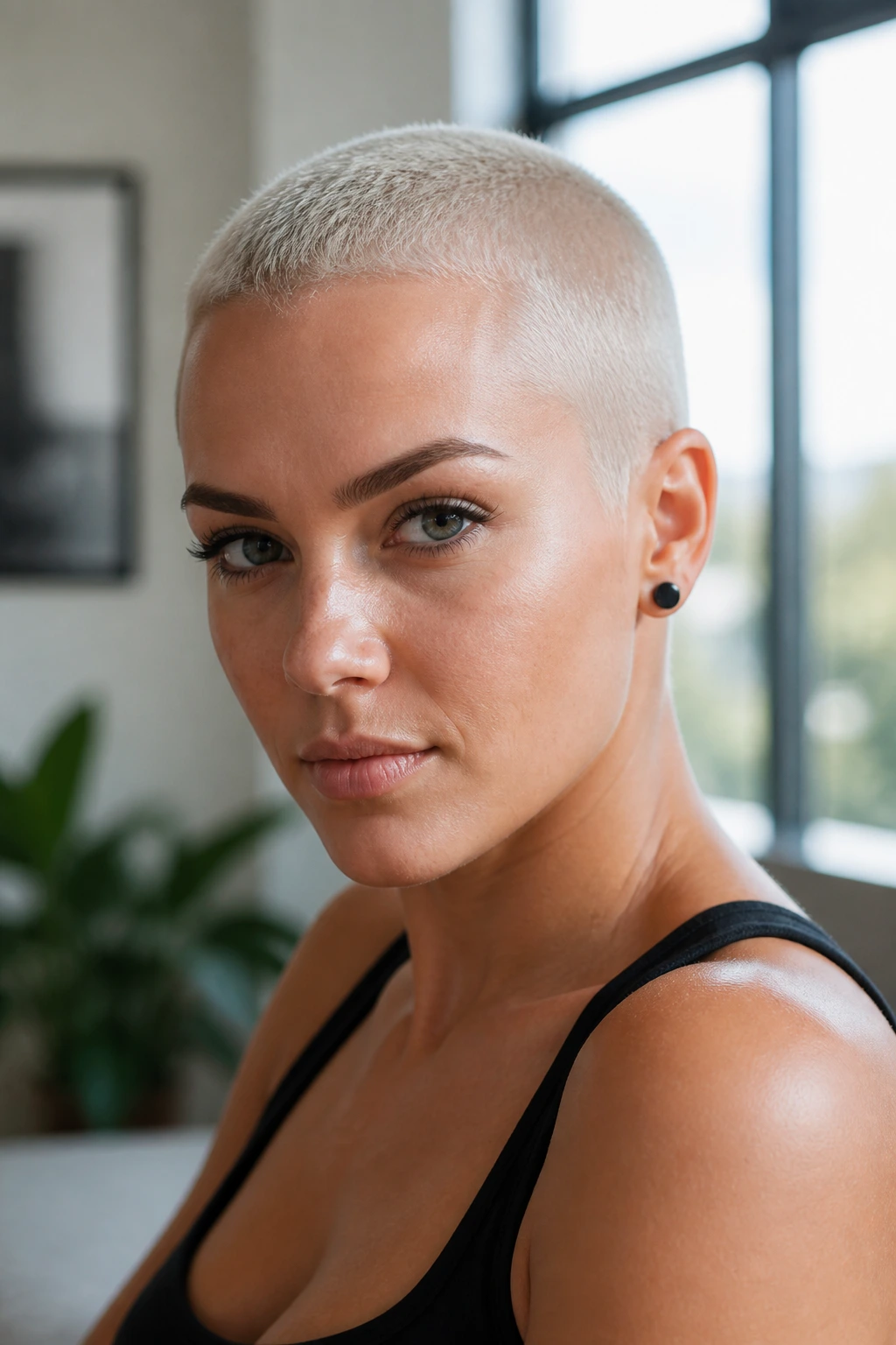 Close-up portrait of a real woman with a platinum crop buzz cut