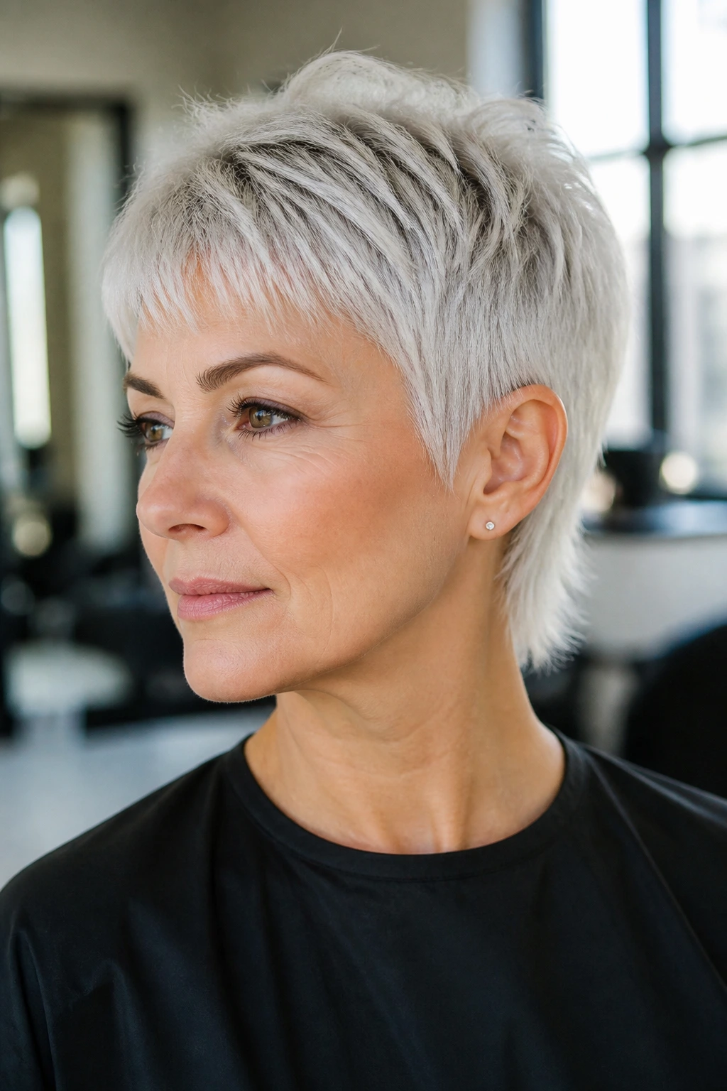 Platinum crop mullet close-up portrait in a bright salon