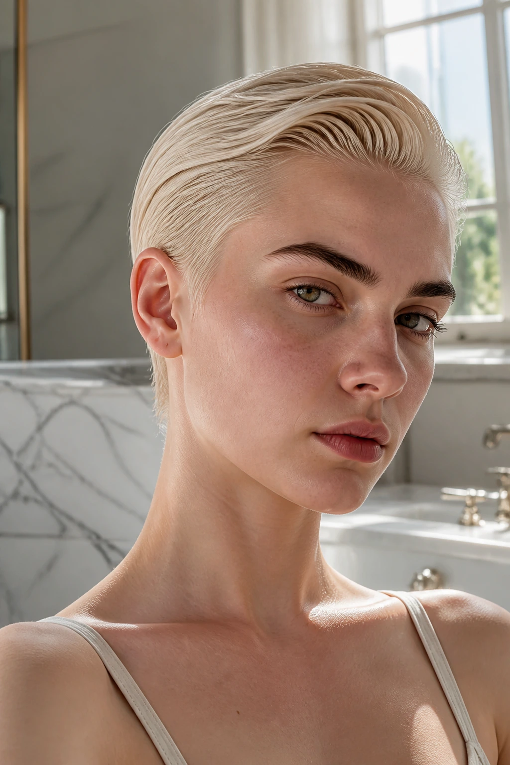 Close-up of a real person with a glossy slicked-back platinum crop on pale skin in a sunlit bathroom