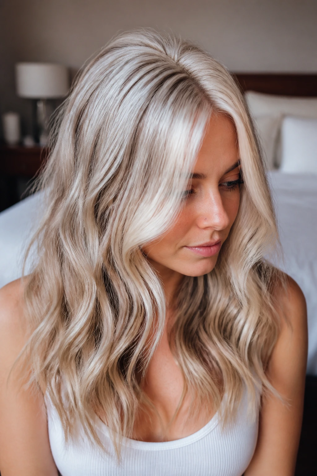 Close-up of a real woman with platinum crown highlights at the crown in wavy hair