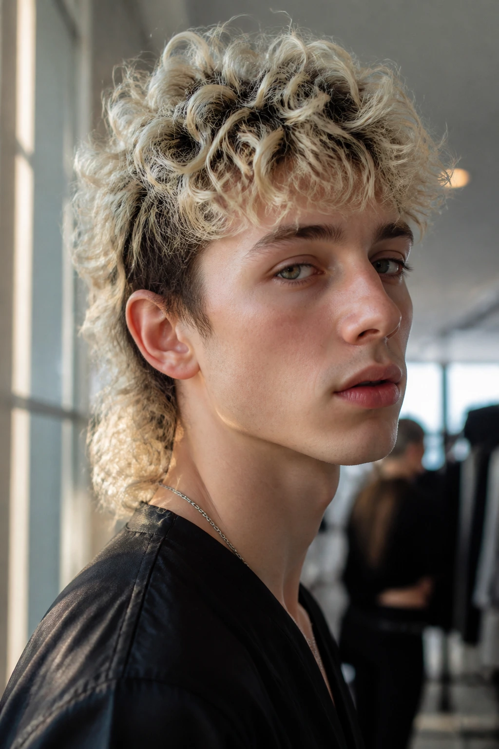 Close-up portrait of a real person with platinum curls and dark roots, showing defined mullet silhouette