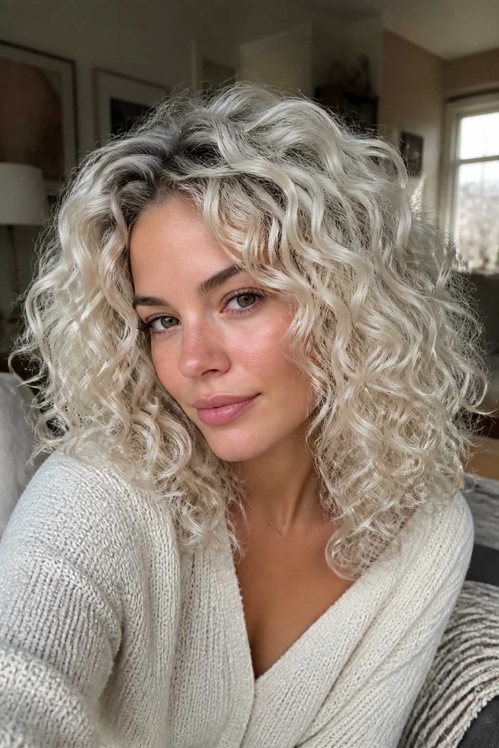 Close-up portrait of a real woman with platinum curls and a soft shadow root in a warm living room