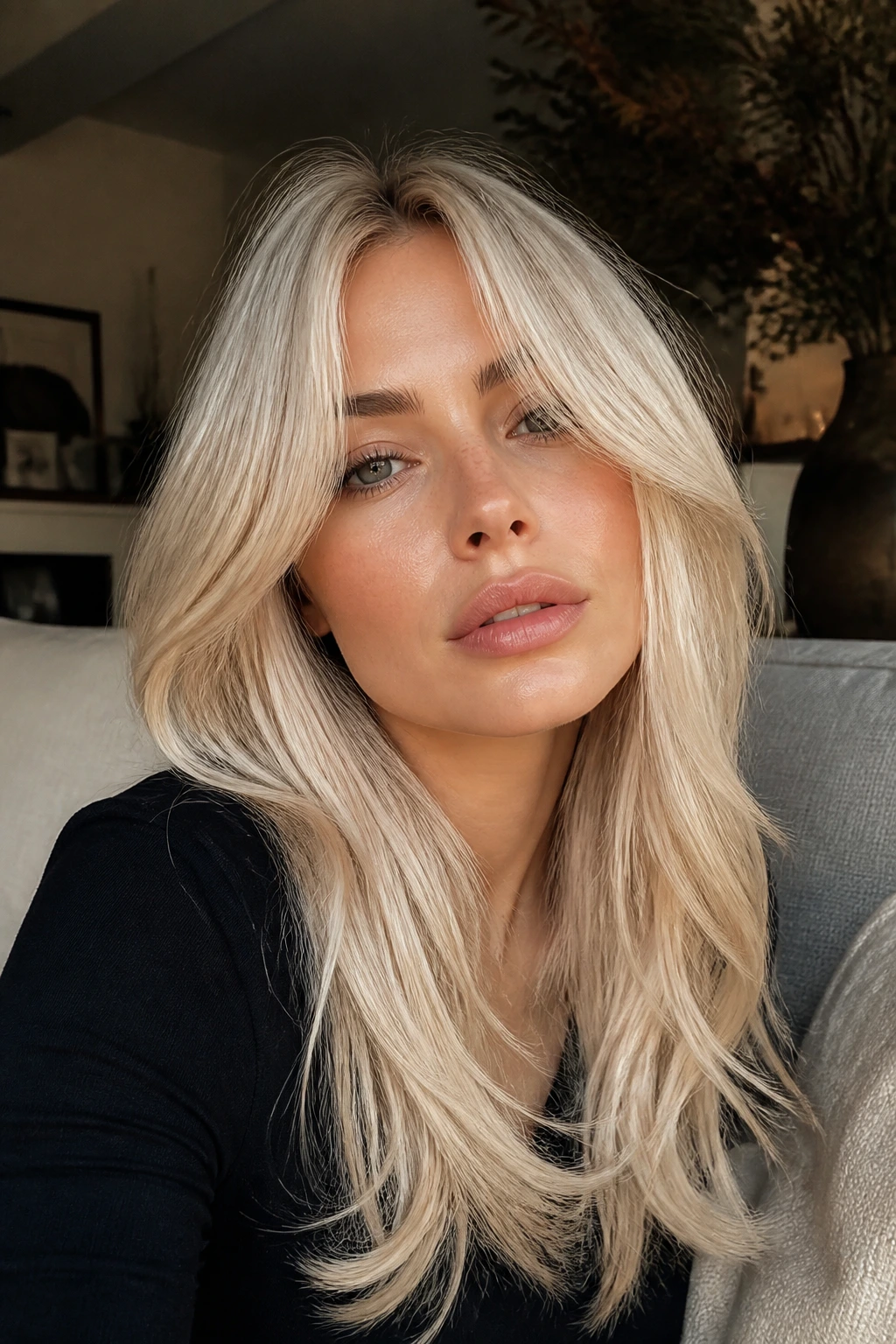 Close-up of a real woman with platinum curtain bangs and long layers