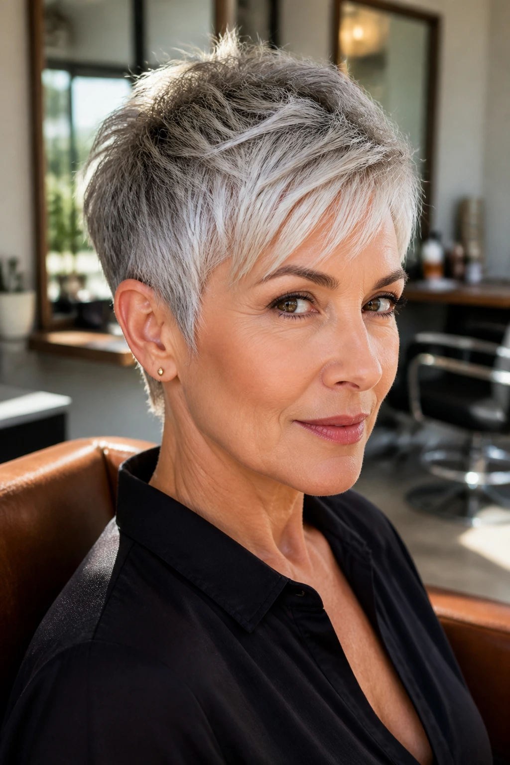 Head-and-shoulders portrait of a real person with a pixie cut and platinum-edged hair