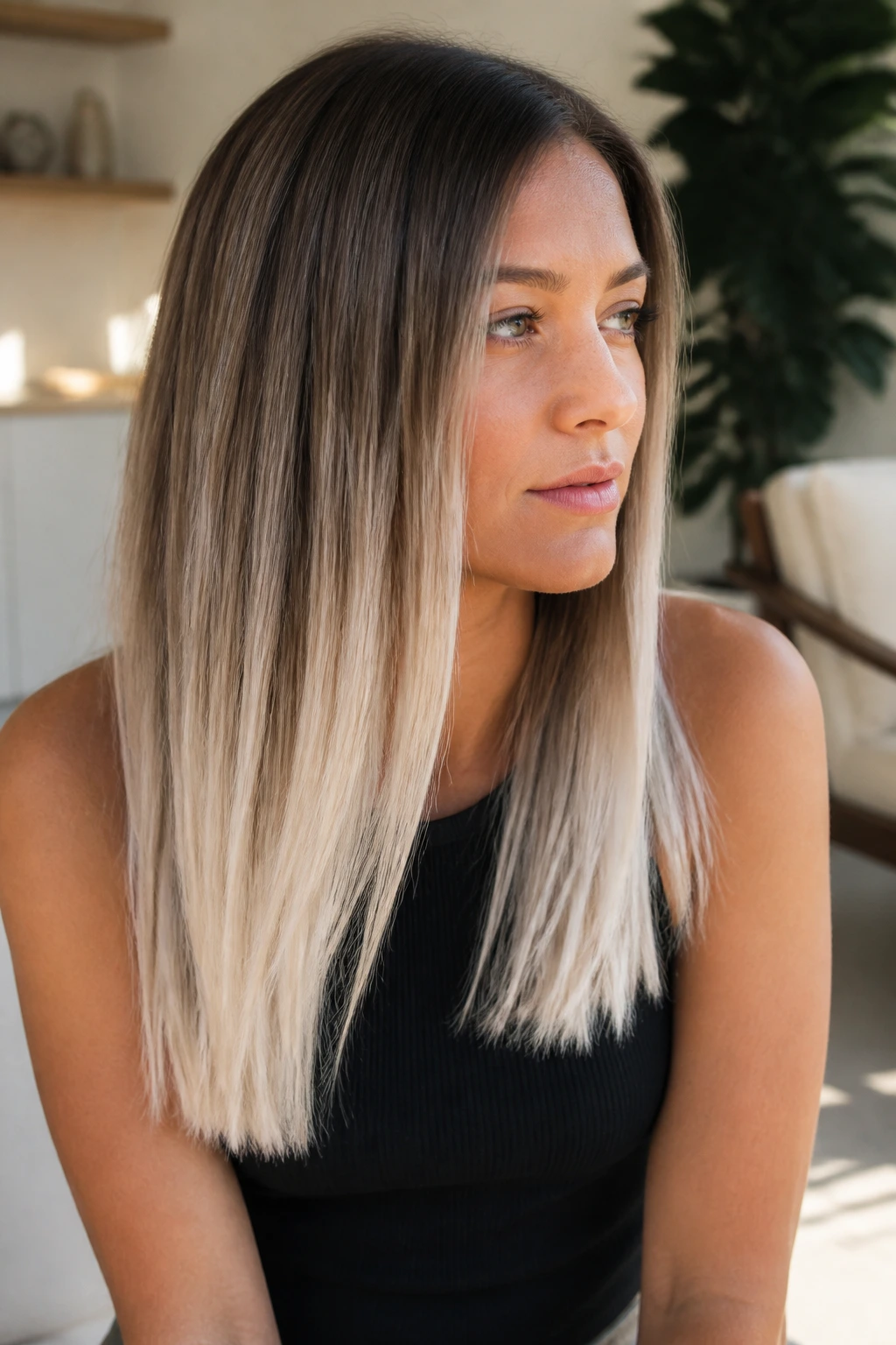 Close-up of straight hair with platinum ends on a real person