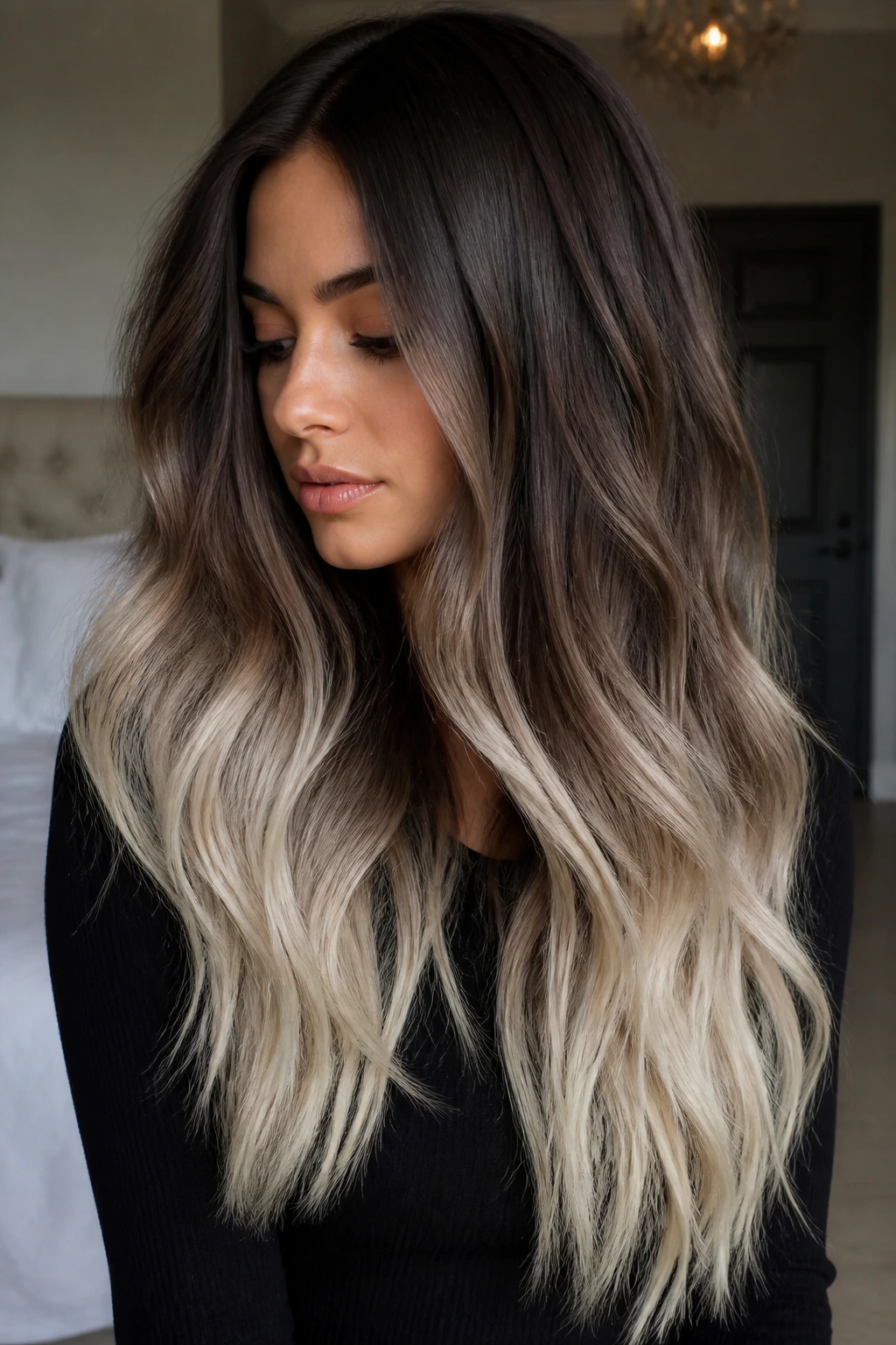 Close-up of a real woman with long brunette hair fading to platinum ends under natural window light.