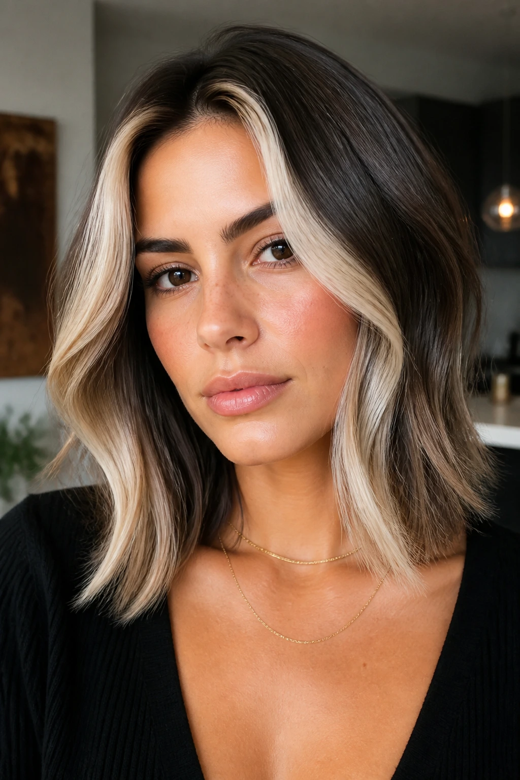 Close-up of a real woman with platinum face-framing highlights around the eyes and cheeks.