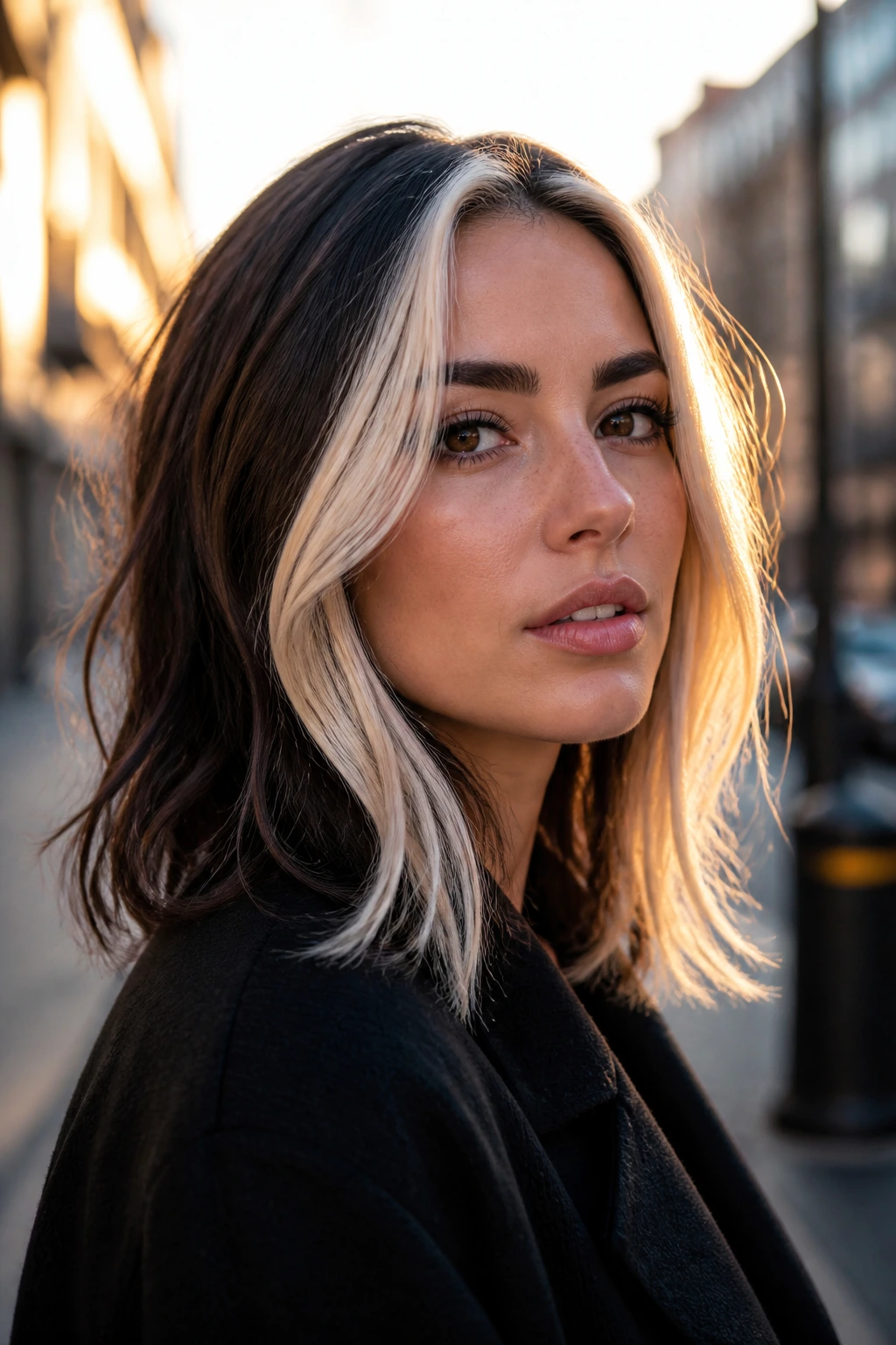 Real woman with platinum face-framing highlights against dark hair