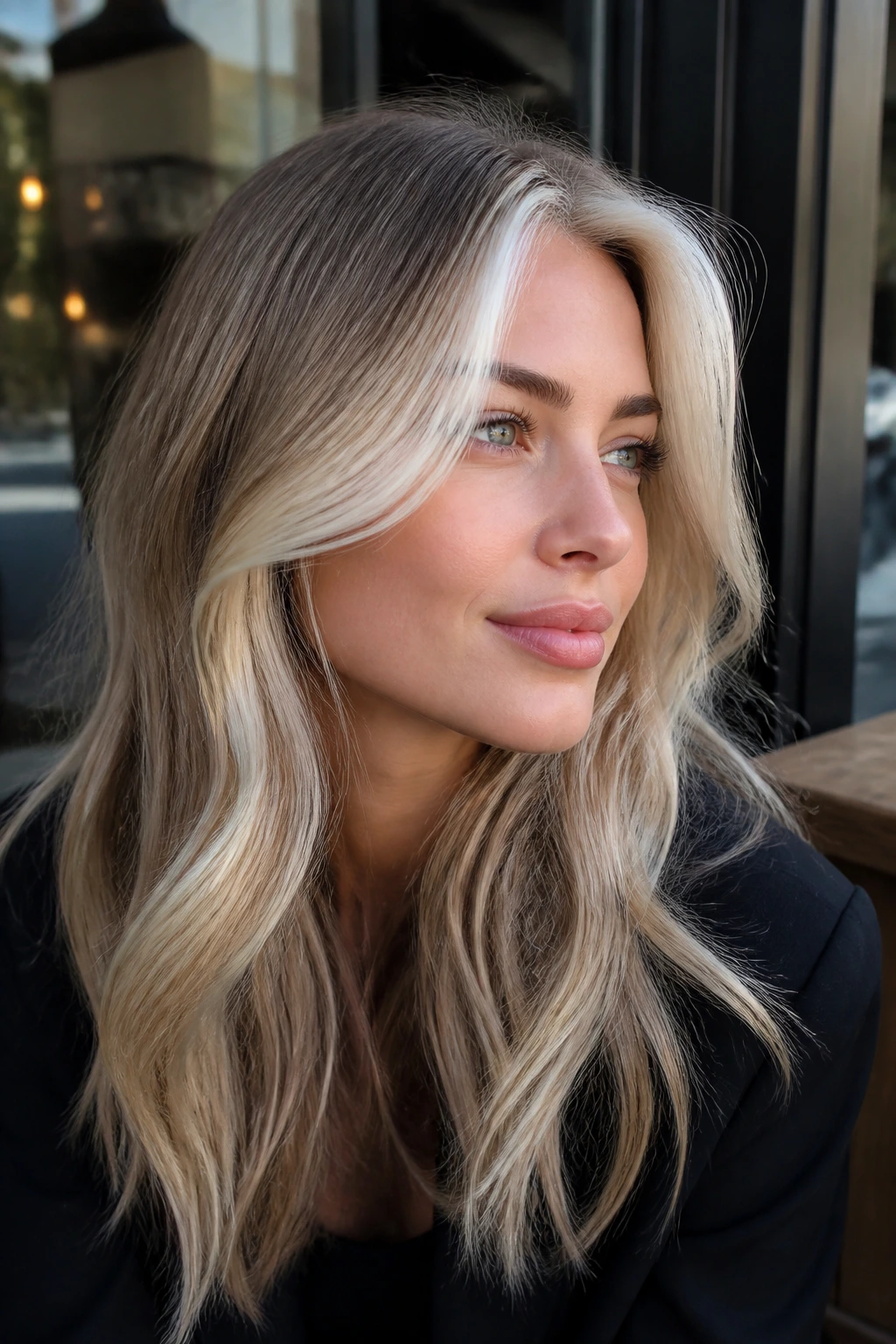 Portrait of a woman with platinum face-framing highlights and darker rest of hair