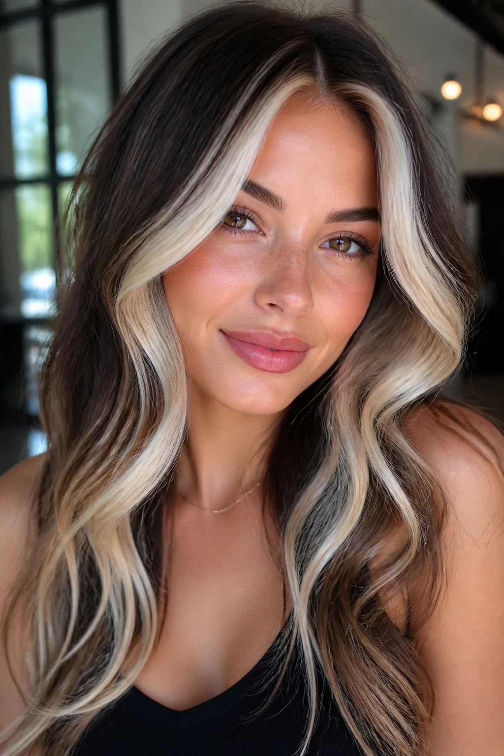 Close-up of a real woman with platinum face halo around the front of her hair