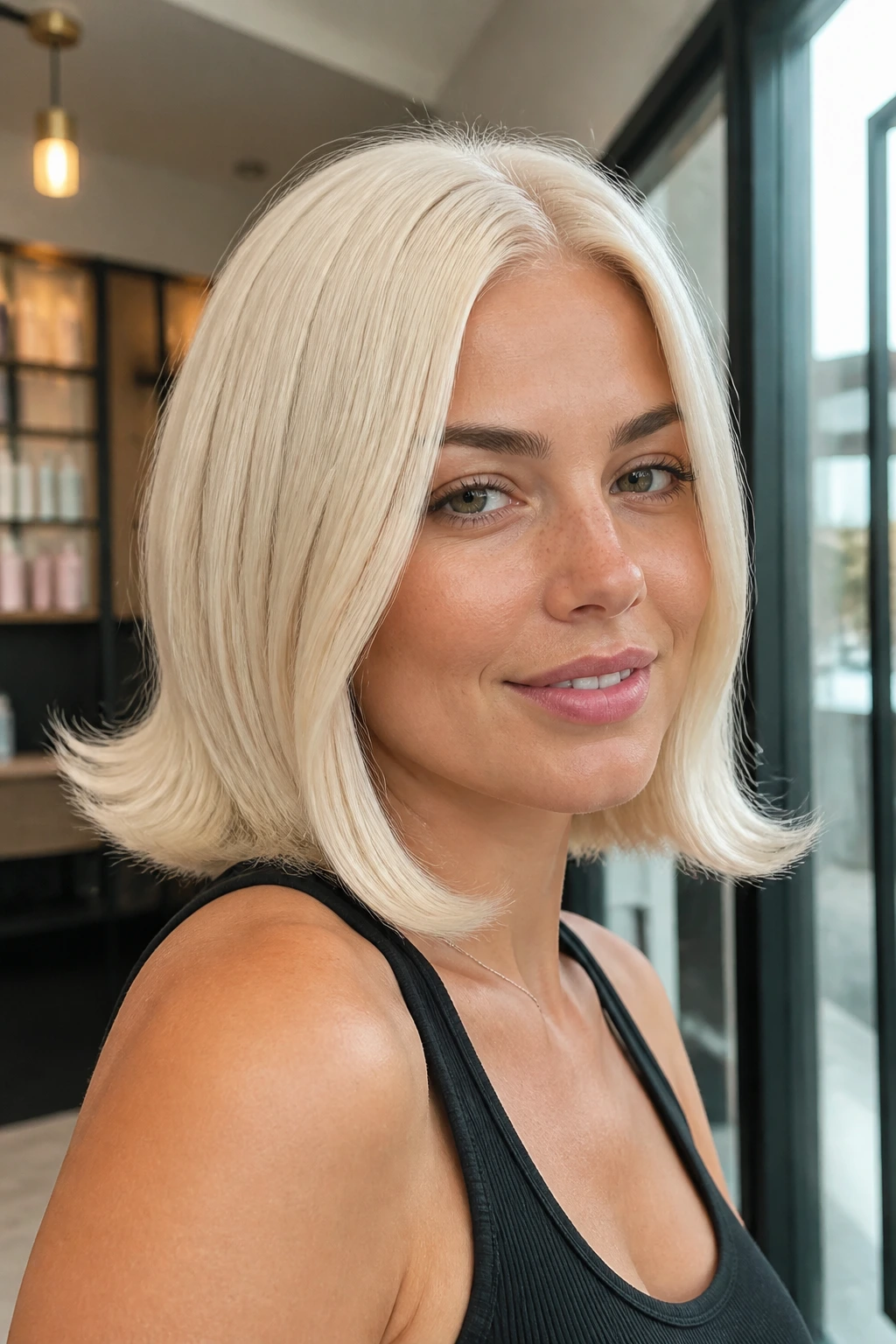 Close-up portrait of a person with platinum flip lob hairstyle in a modern salon