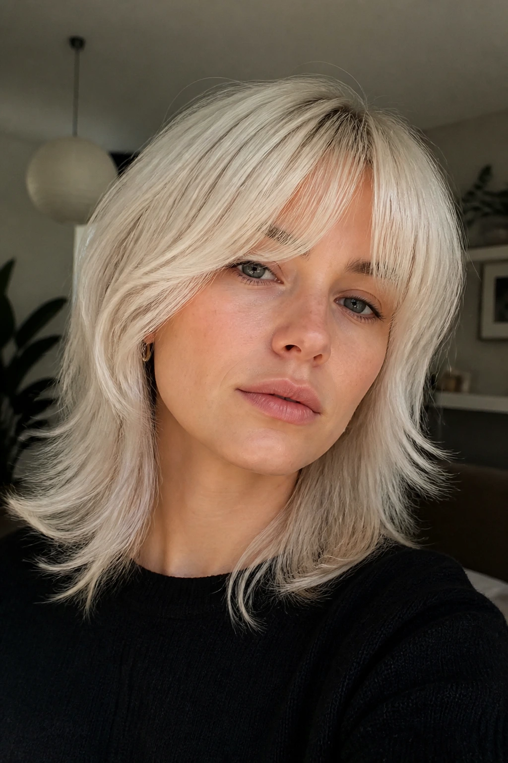 Close-up of a real woman with feathered platinum fringe.