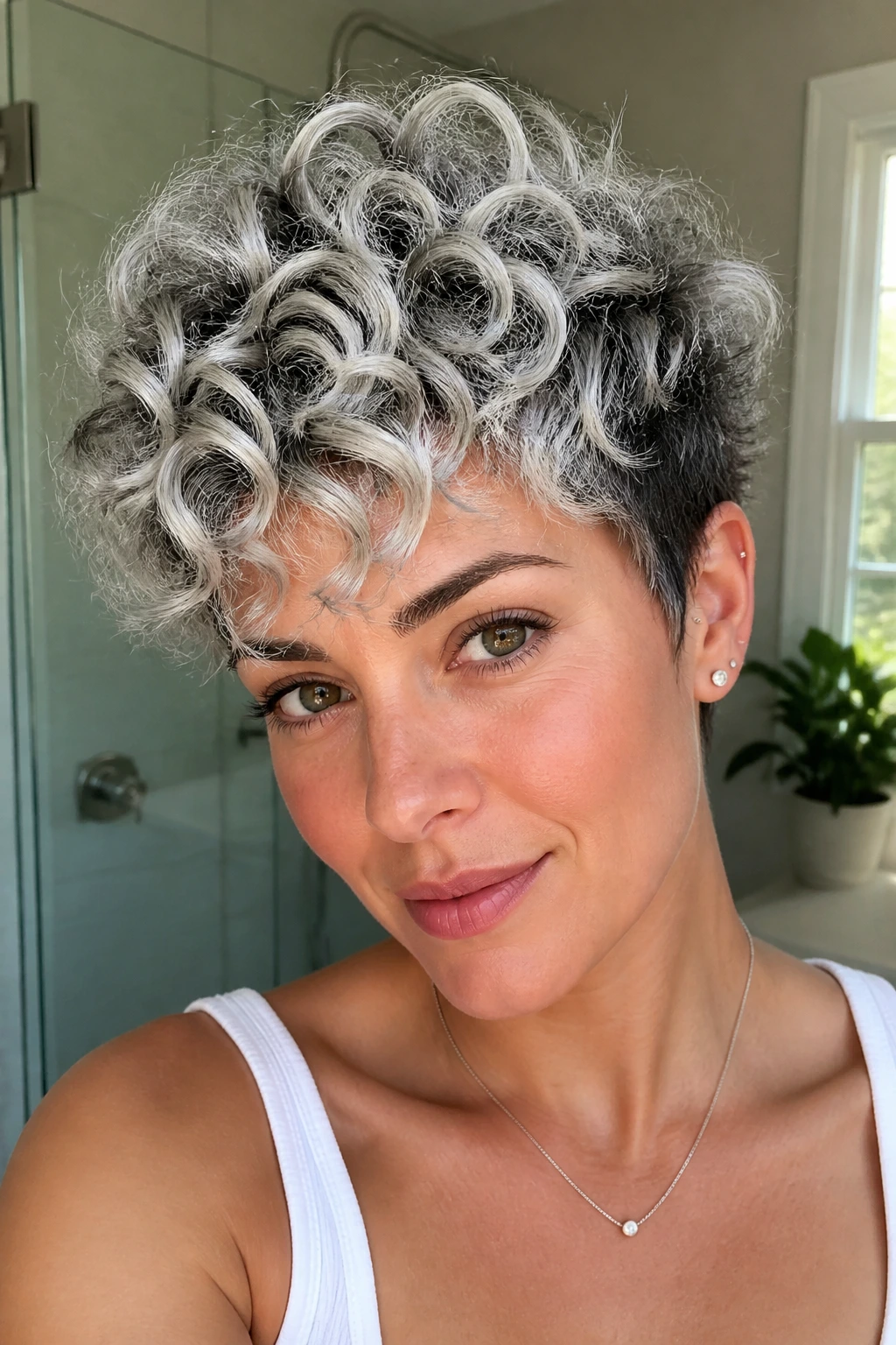 Close-up of short curls with platinum frost on top