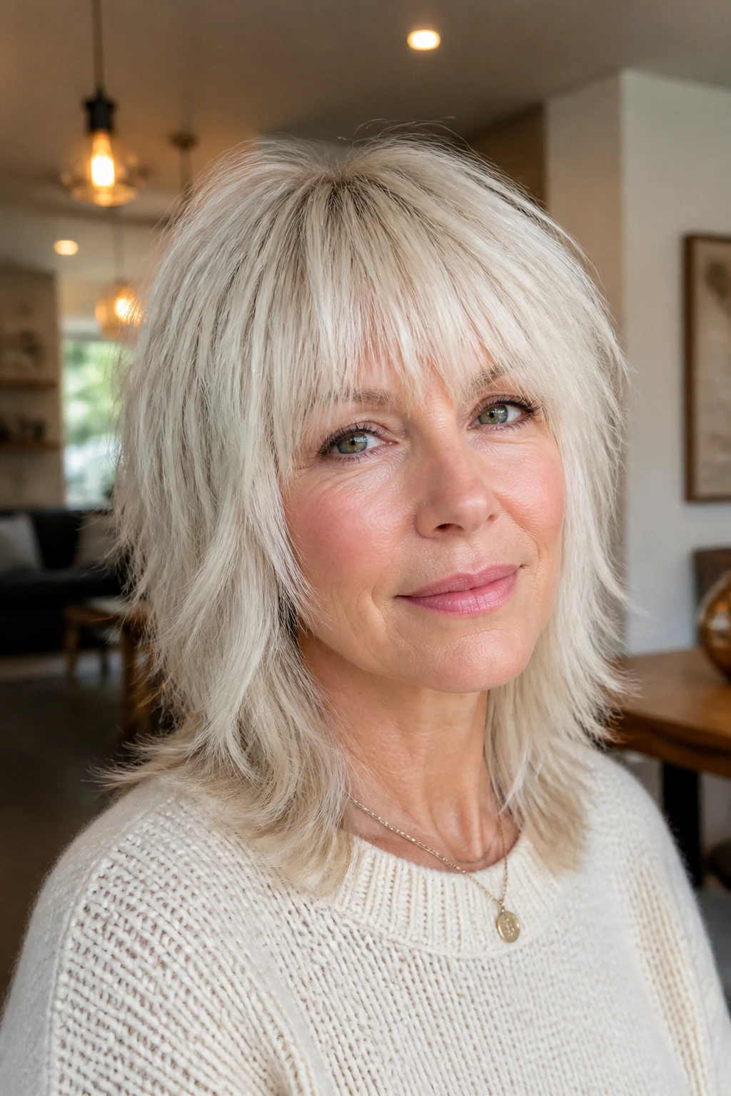 Portrait of a woman with a platinum full-fringe wolf cut.
