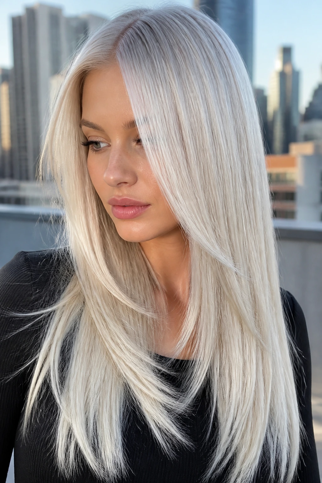 Close-up of a real woman with platinum glass lengths and micro-layers in morning light