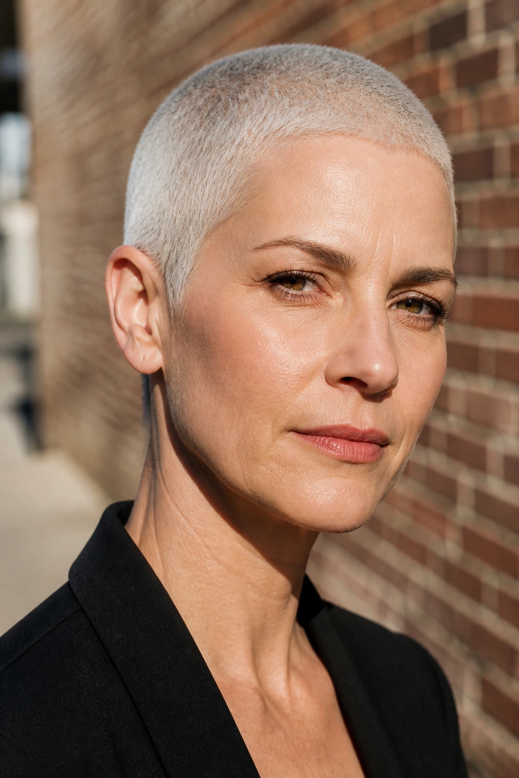 Close-up portrait of a real person with a platinum-gray buzz cut