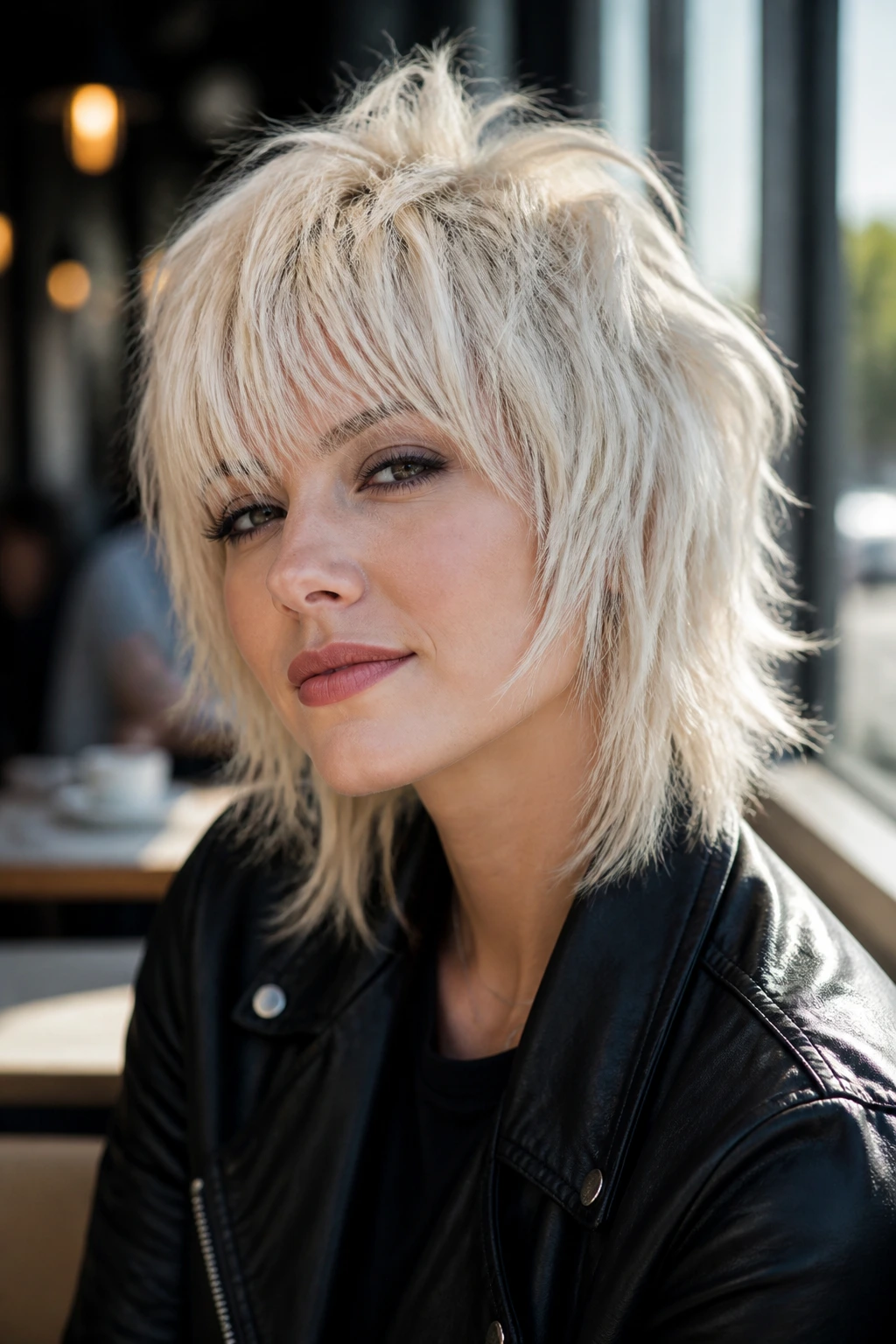 Close-up portrait of a real woman with platinum choppy shag hairstyle in warm daylight