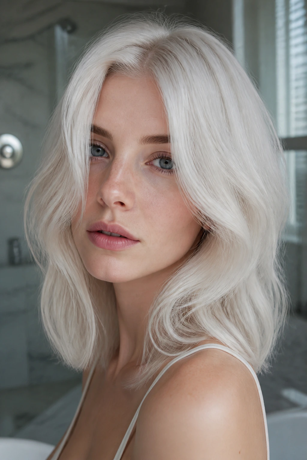 Close-up of a real person with crystal-clear platinum hair and cool tone.