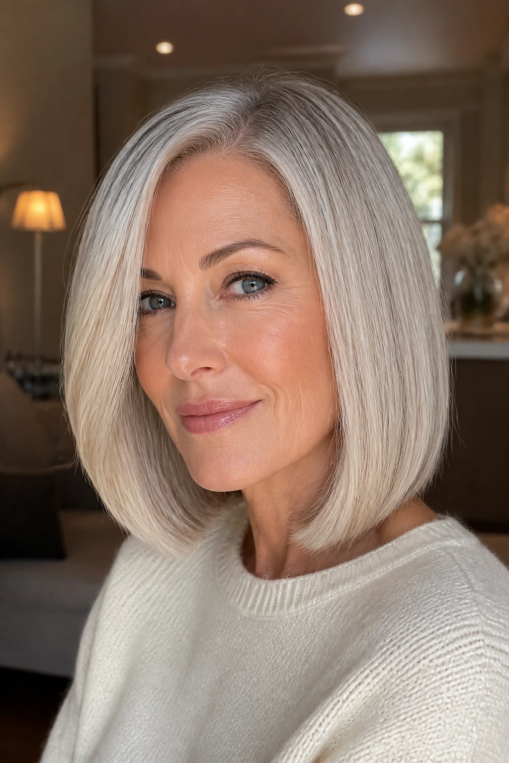 Close-up of platinum lob with enhanced shine on a real person