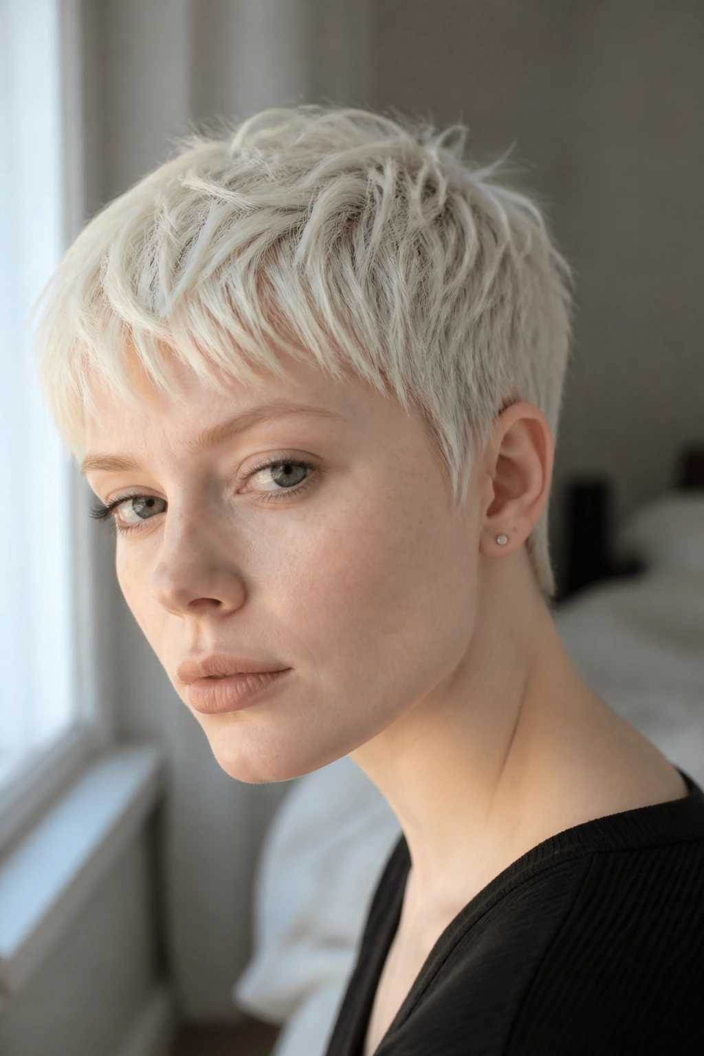 Close-up portrait of a fair-skinned model with a short platinum haircut
