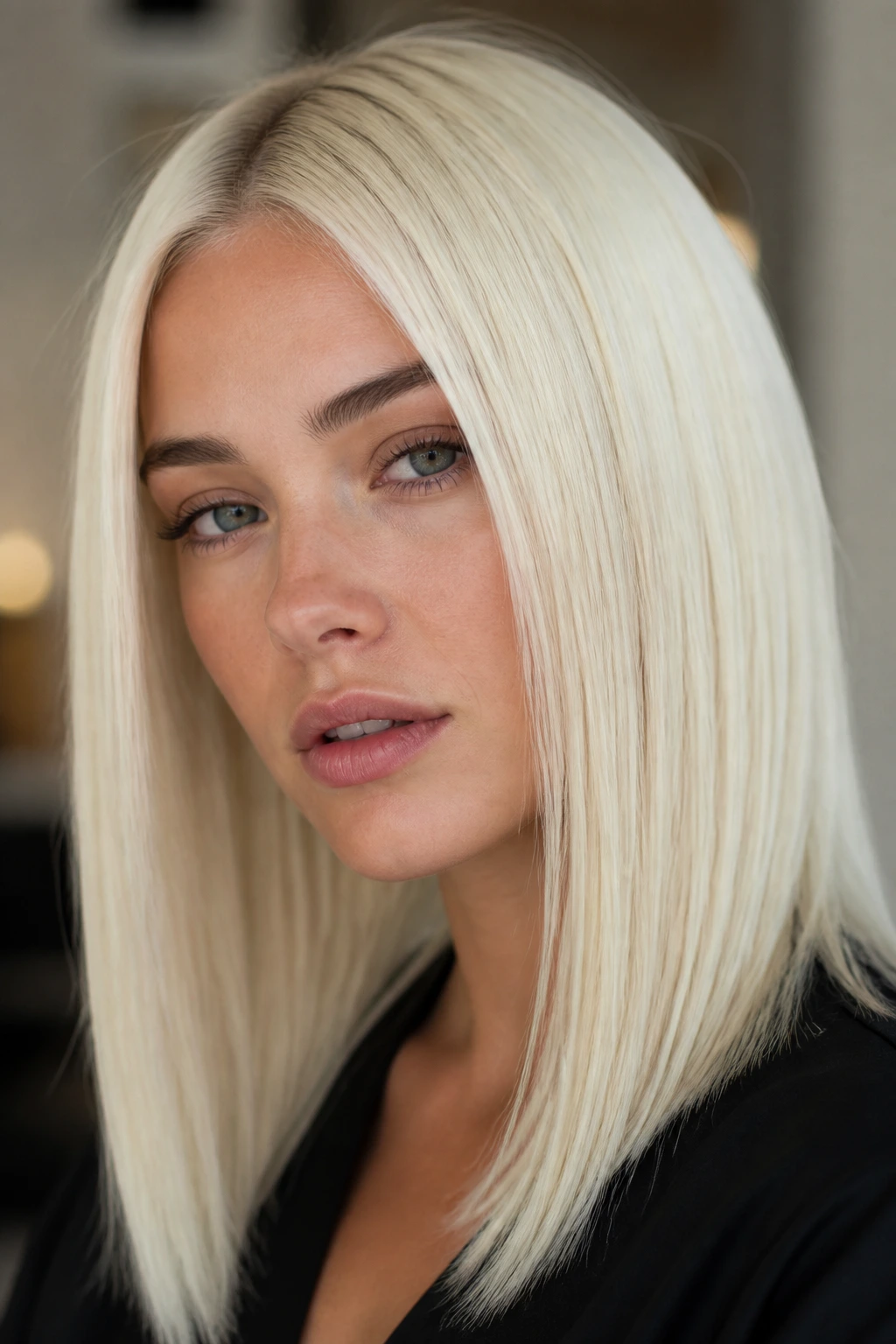 Portrait of a real woman with sleek platinum blonde hair looking intentional