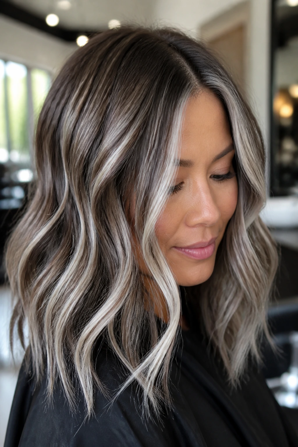 Portrait of a real woman with ribbon platinum highlights in soft waves.