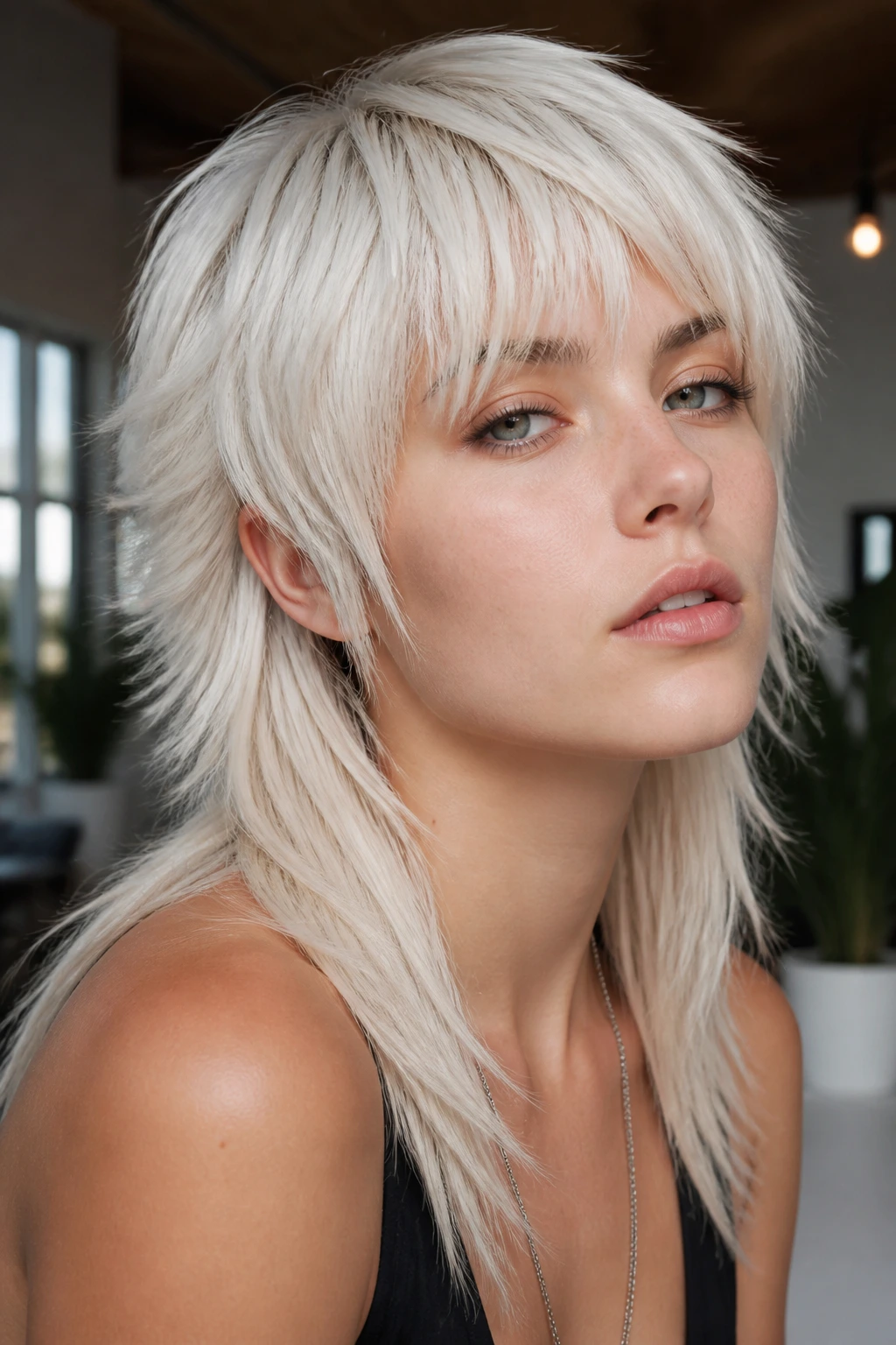 Close-up portrait of a real person with platinum ice mullet.