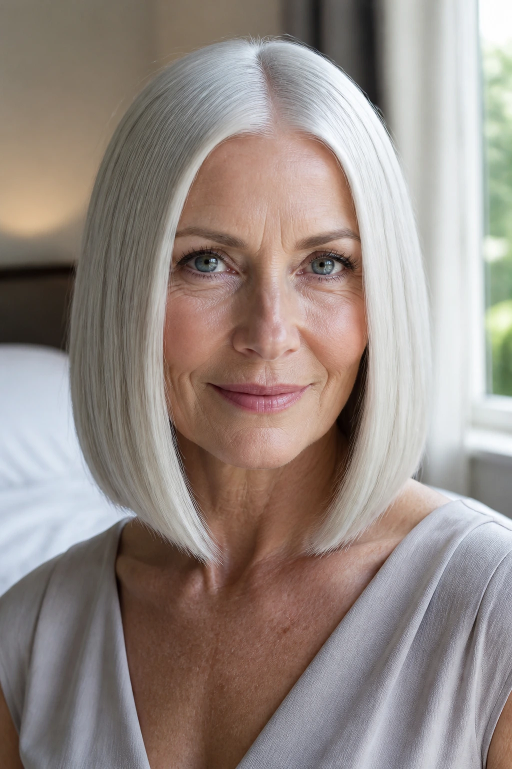 Close-up of an older woman with a platinum Ice-Glass Blunt Lob and clean center part