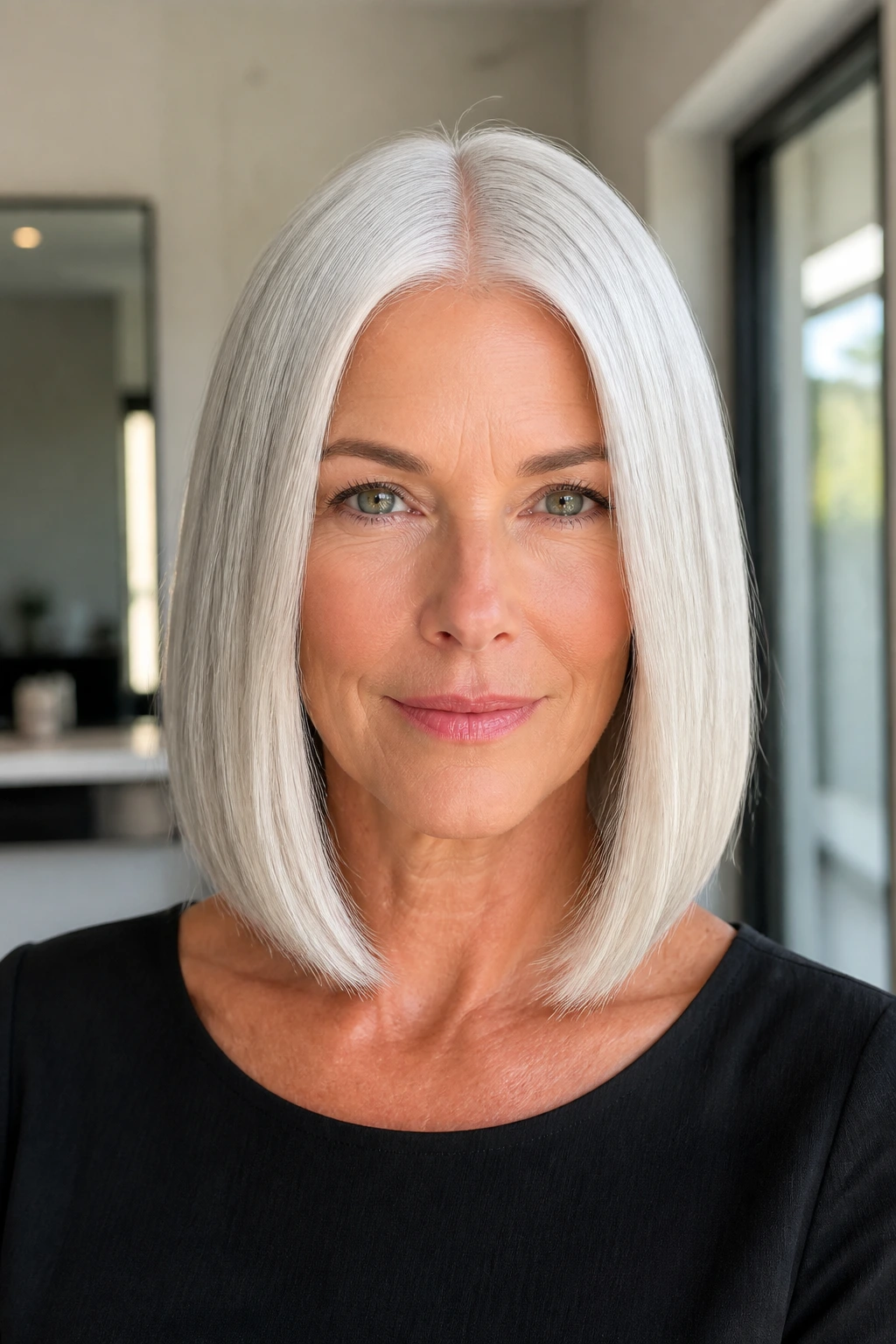 Close-up of real woman with sleek center-part platinum lob and glossy shine in a bright interior