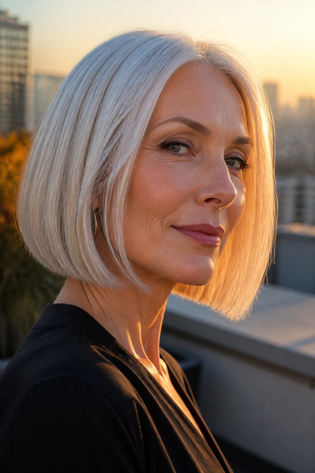 Real woman with chin-skimming platinum lob and polished ends in golden hour rooftop setting