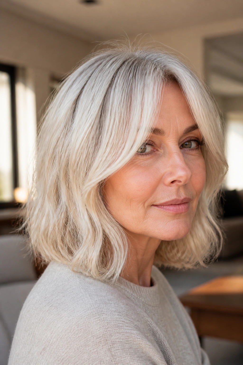 Real woman with curtain-bang lob and soft movement in a cozy living room light