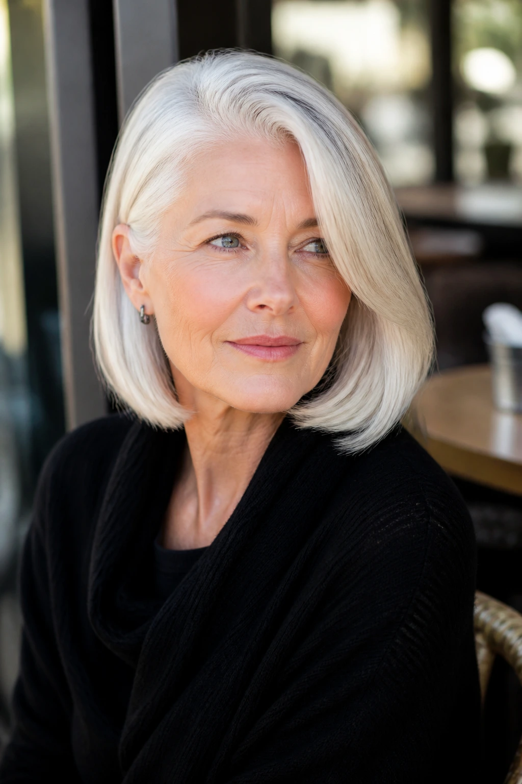 Close-up of an older woman with a deep-side-part platinum lob