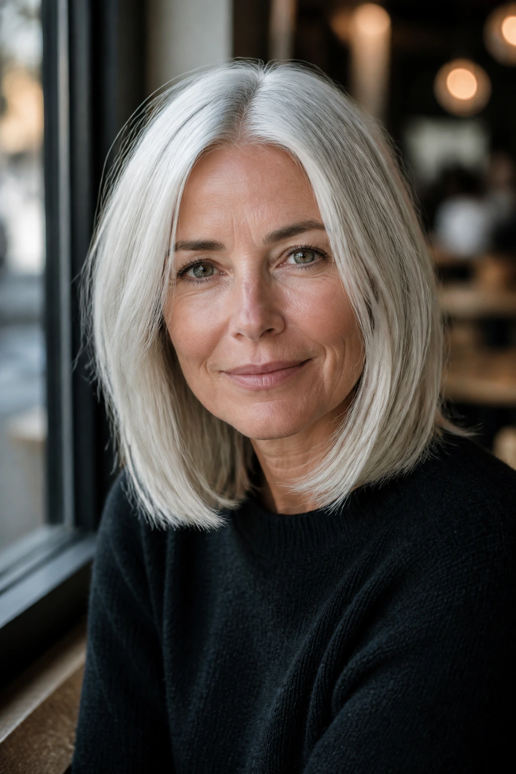 Real woman with platinum long bob styled for everyday wear
