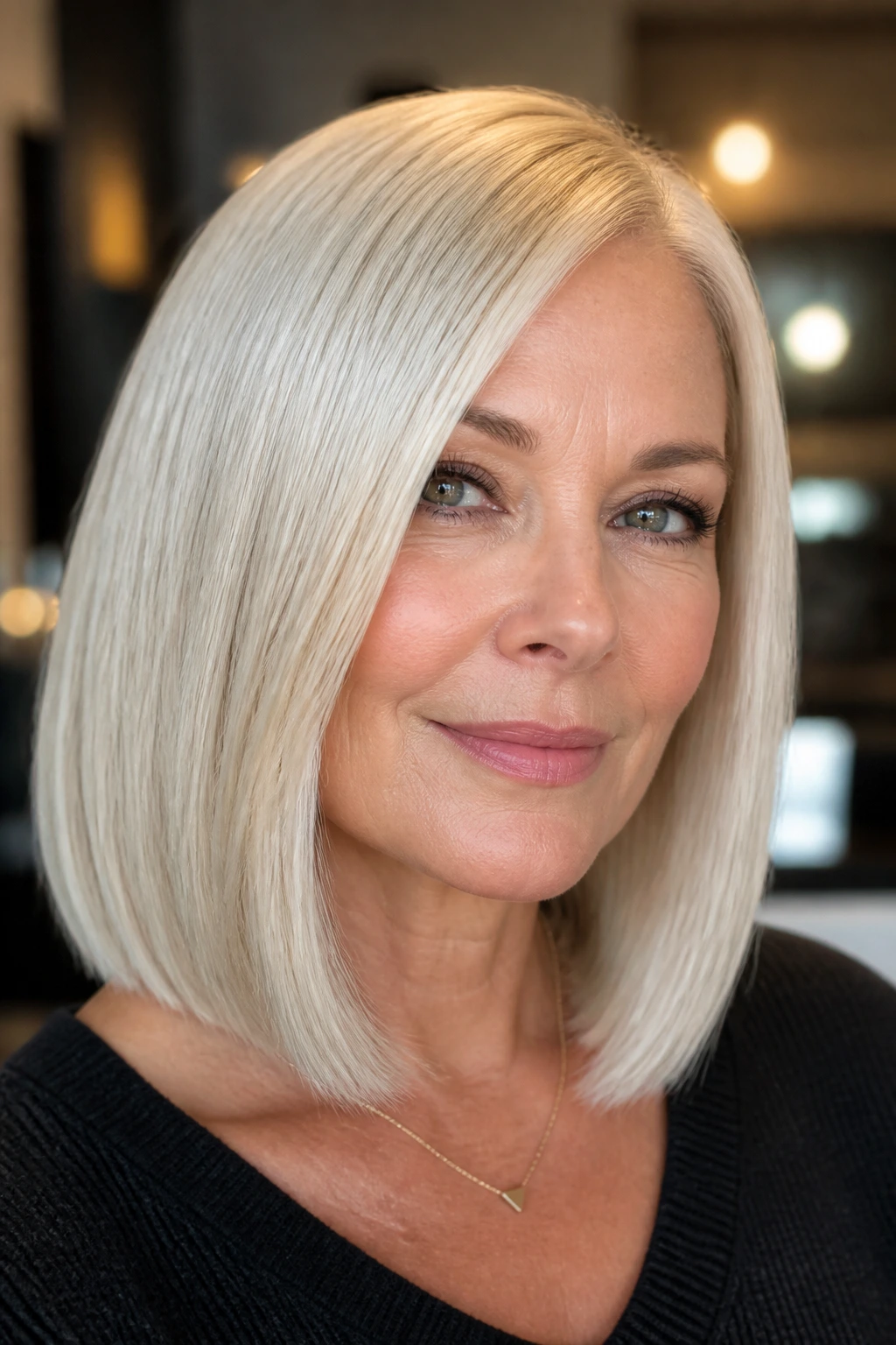 Portrait of real woman with pristine blunt platinum long bob in soft tone