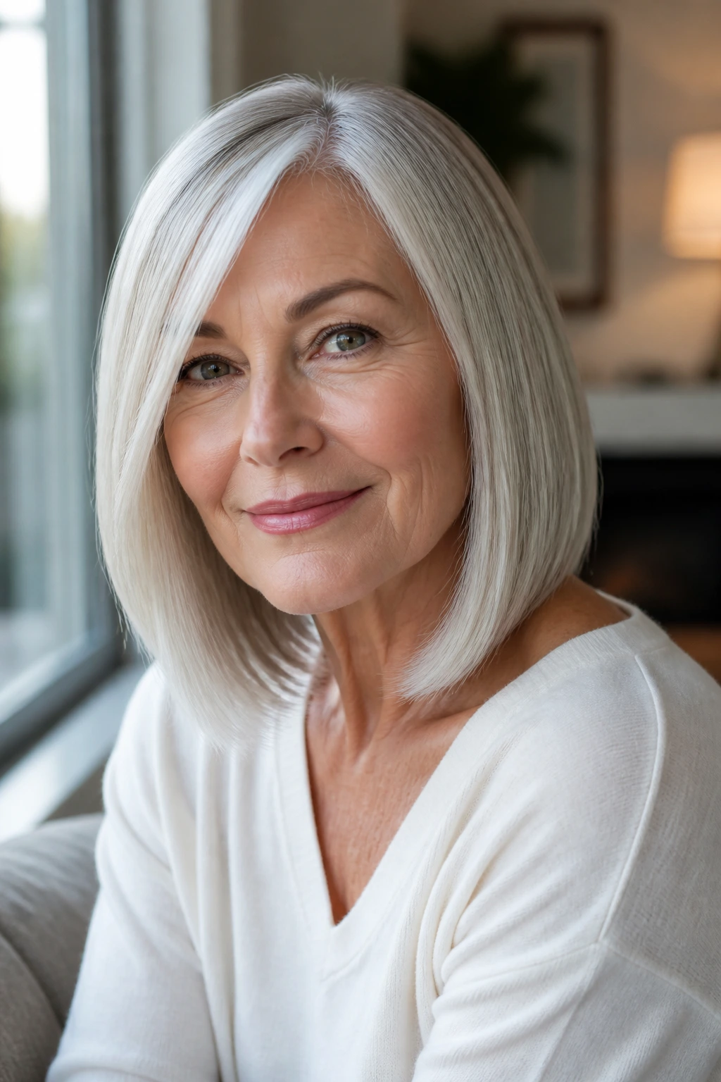 Portrait of an older woman with a platinum long bob flattering mature hair