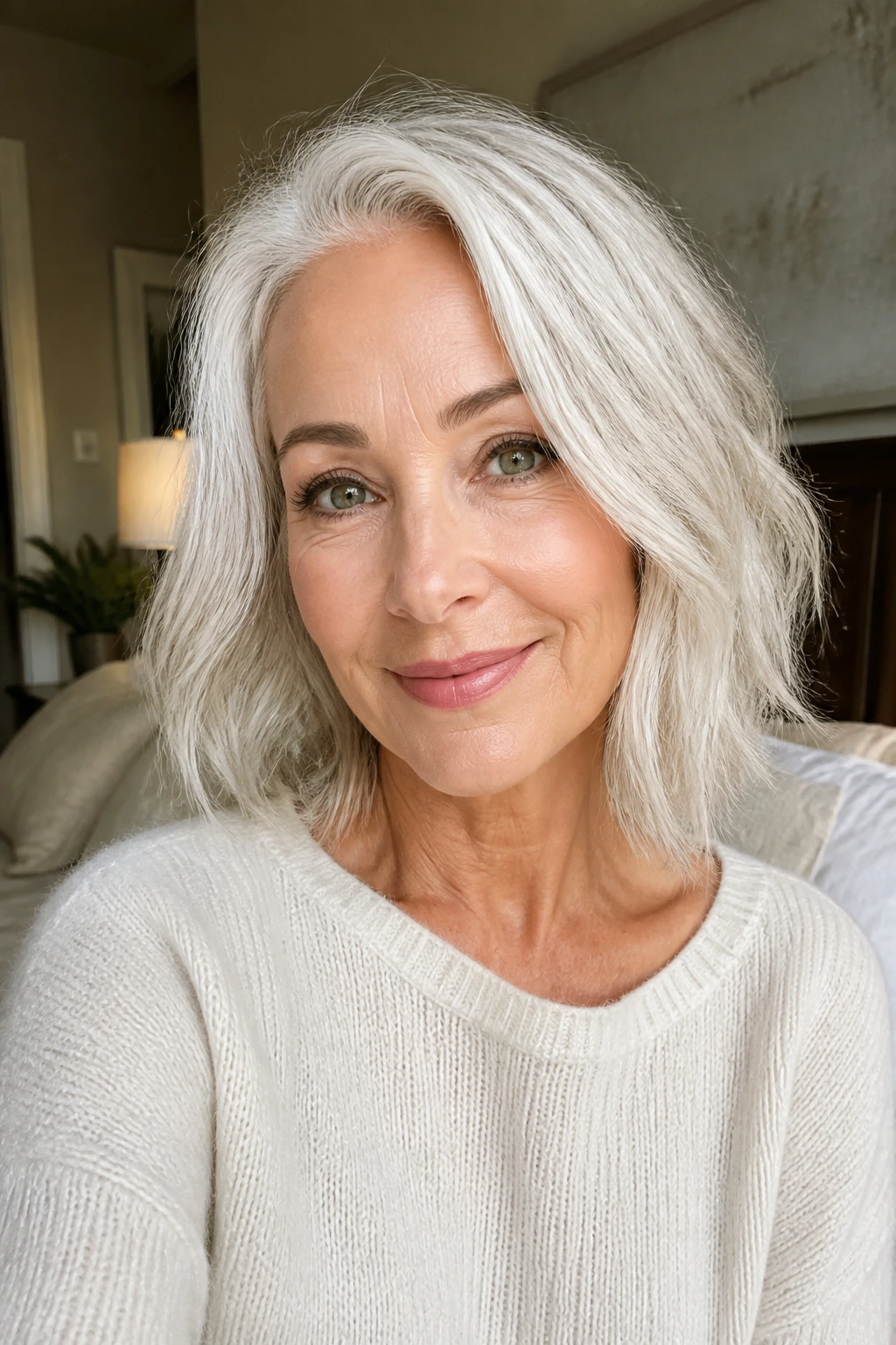 Real woman with air-dried platinum lob and natural texture in a softly lit bedroom