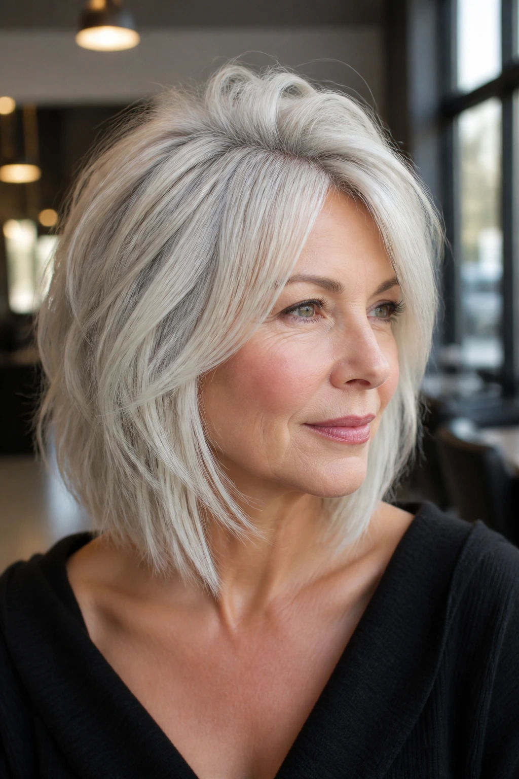 Close-up portrait of a real woman with a platinum long bob featuring piecey layers and crown lift