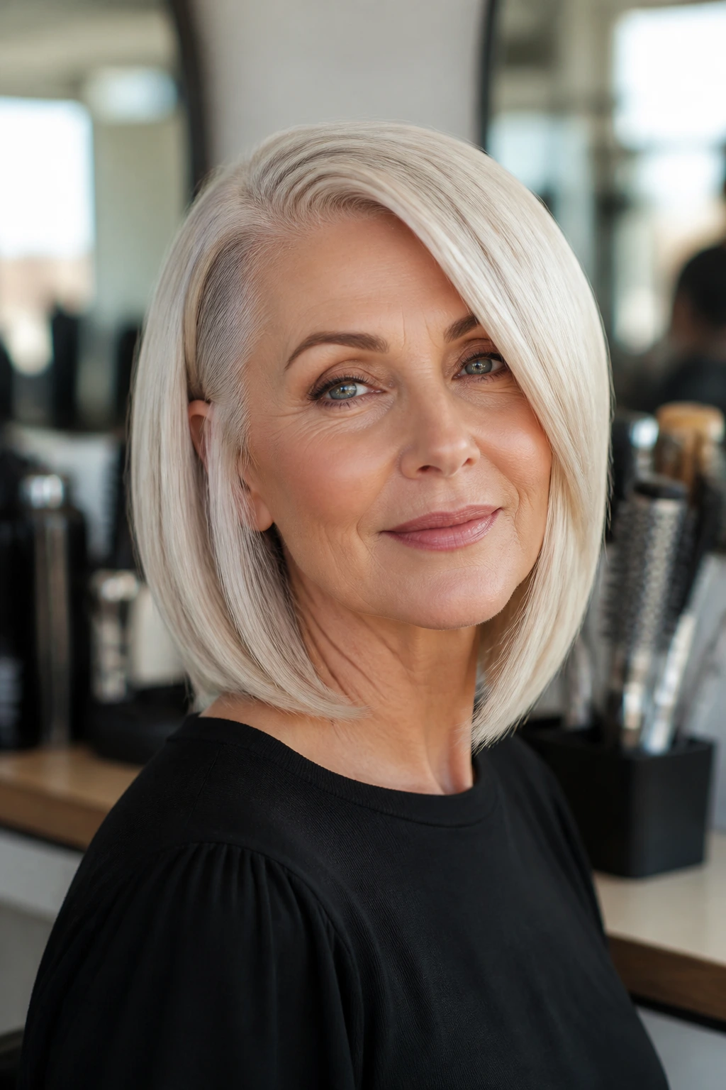 Close-up of a real woman with a smooth platinum lob in a salon setting