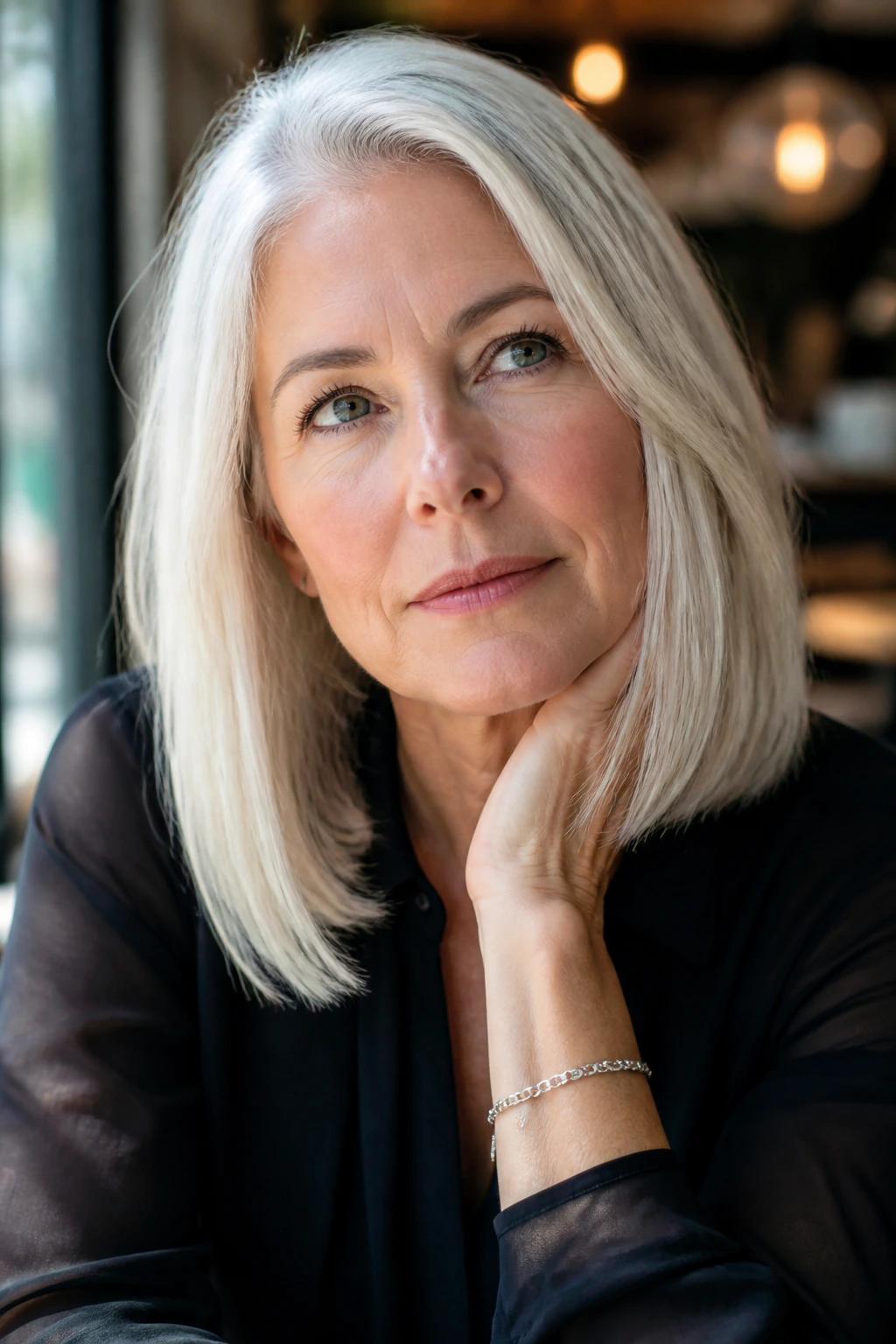 Real woman with platinum long bob in thoughtful pose in warm cafe lighting