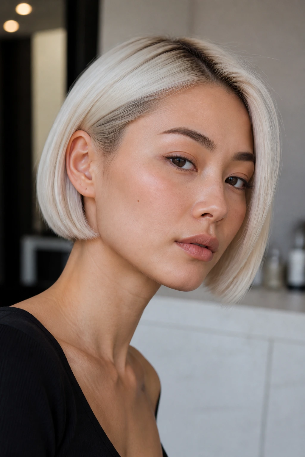 Portrait of a real woman with a platinum micro bob and crisp edges.