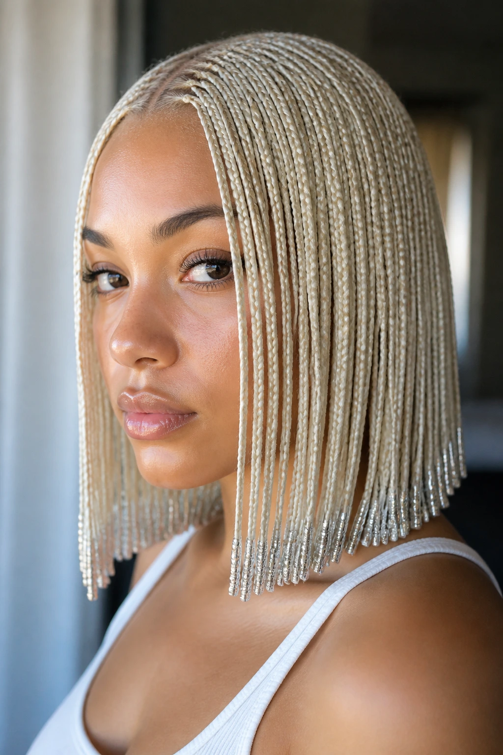 Close-up of platinum micro braids with silver end beads