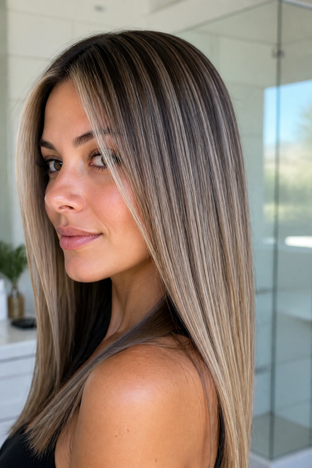 Close-up of real woman with platinum micro ribbons in straight hair, subtle cool sparkle