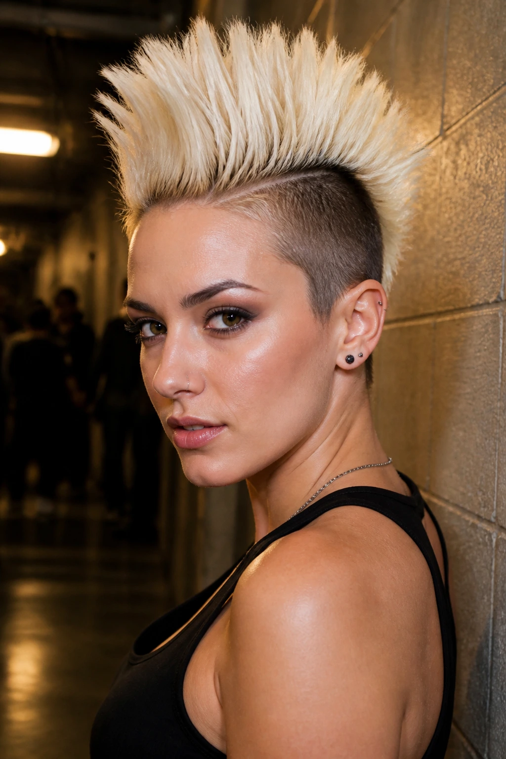 Portrait of a real woman with a platinum mohawk and dark sides