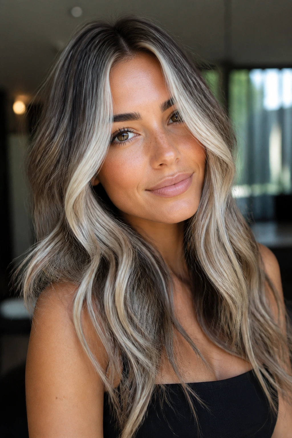 Close-up of a real woman's hair with platinum money pieces at the front
