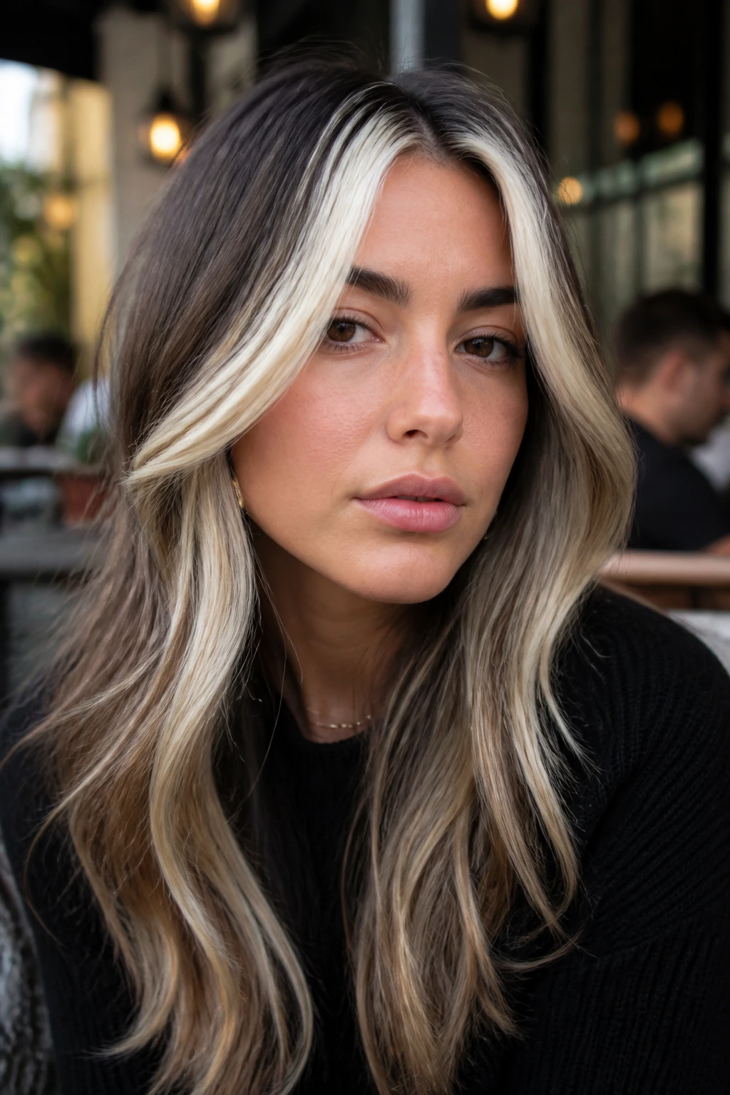 Close-up of a person with platinum money piece balayage at the hairline.