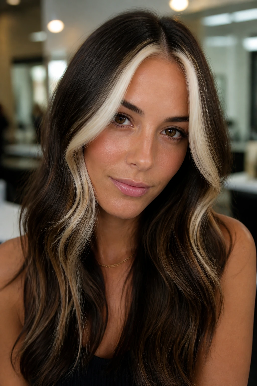 Close-up of brunette with a platinum money piece at the front in warm salon light