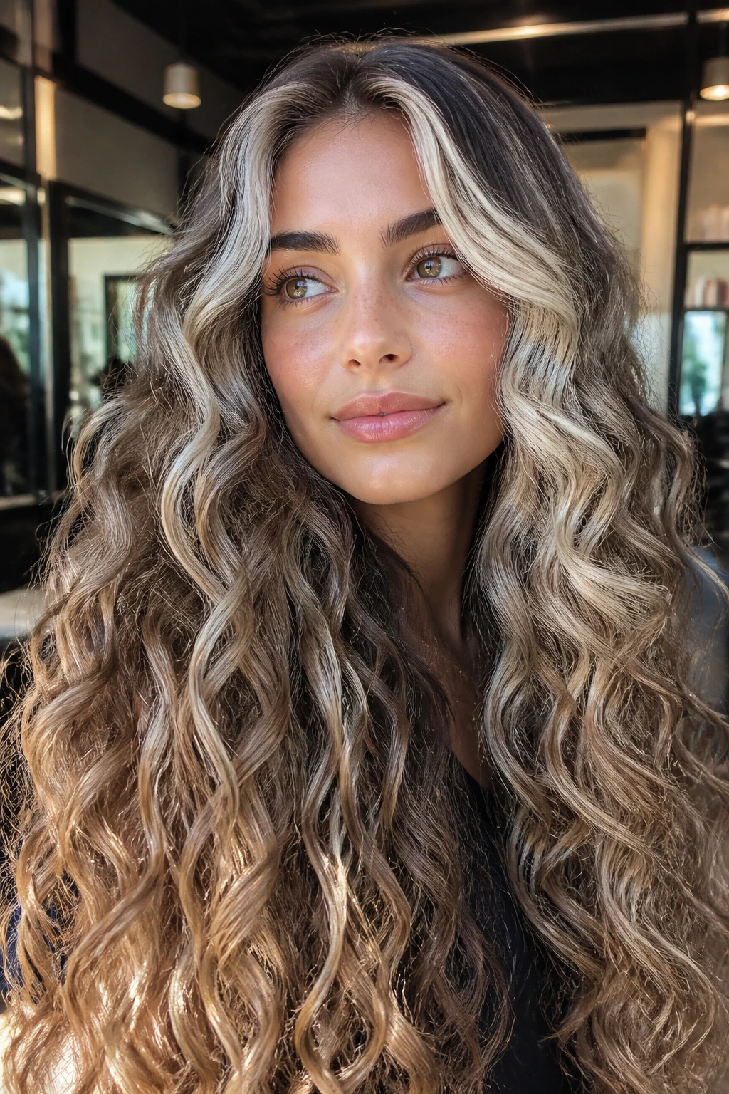 Platinum money piece framing the face on long curly hair