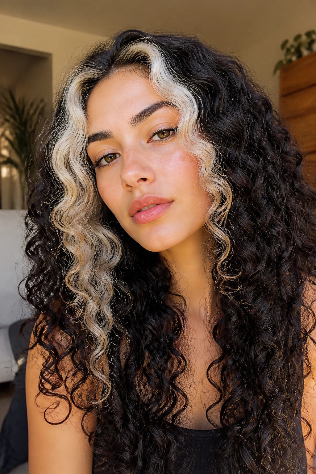 Portrait of real person with platinum money piece front on dark curls in a bright living room