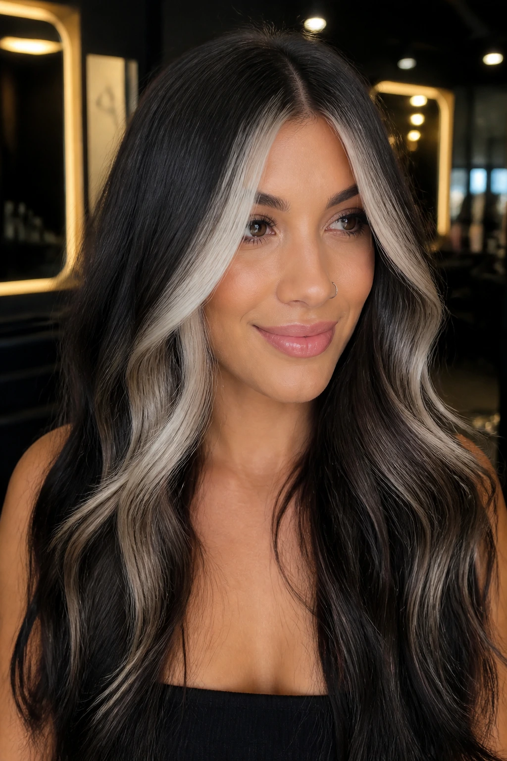 Close-up of platinum money piece framing the face on deep brunette hair with dark roots.