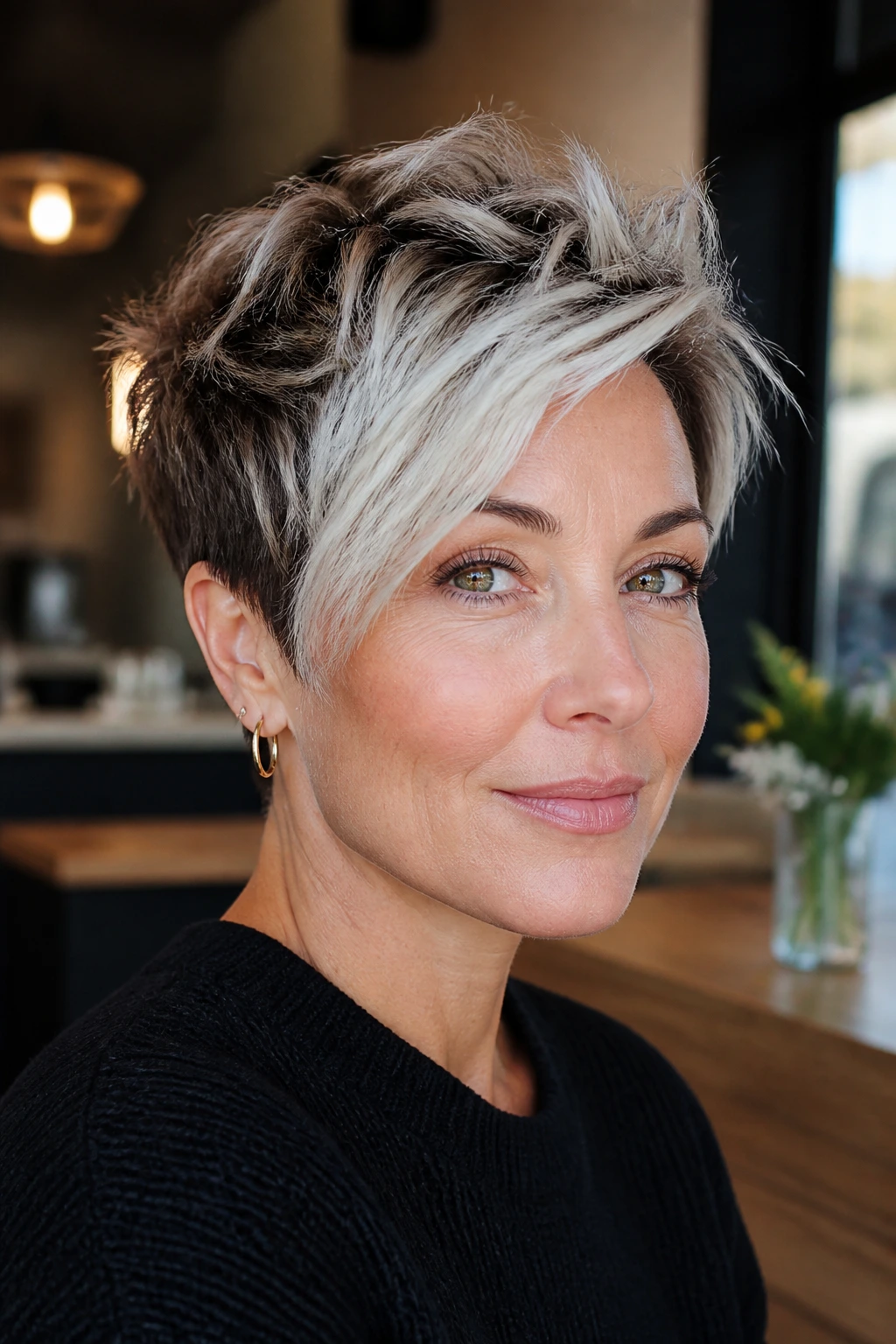 Close-up of a real woman with platinum money piece pixie